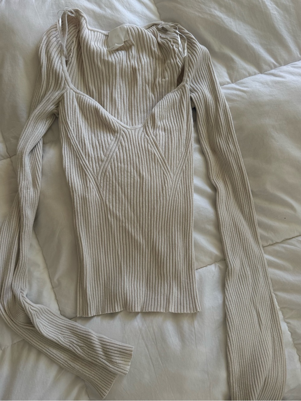 Ribbed V-Neck Long Sleeve Top - Cream